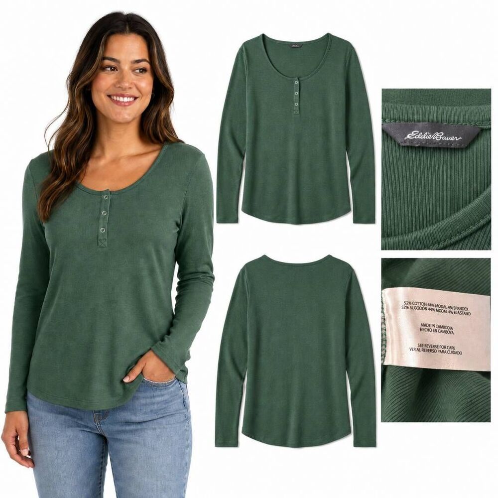 Eddie Bauer L Green Long Sleeve Henley Knit Top